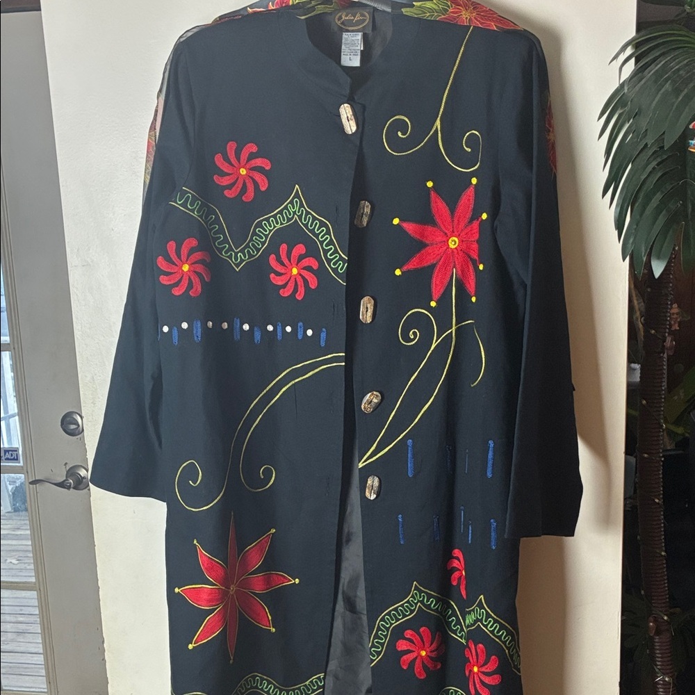 Embroidered Black Coat with Red Floral Design Wearable Art w/ Silk scarf​